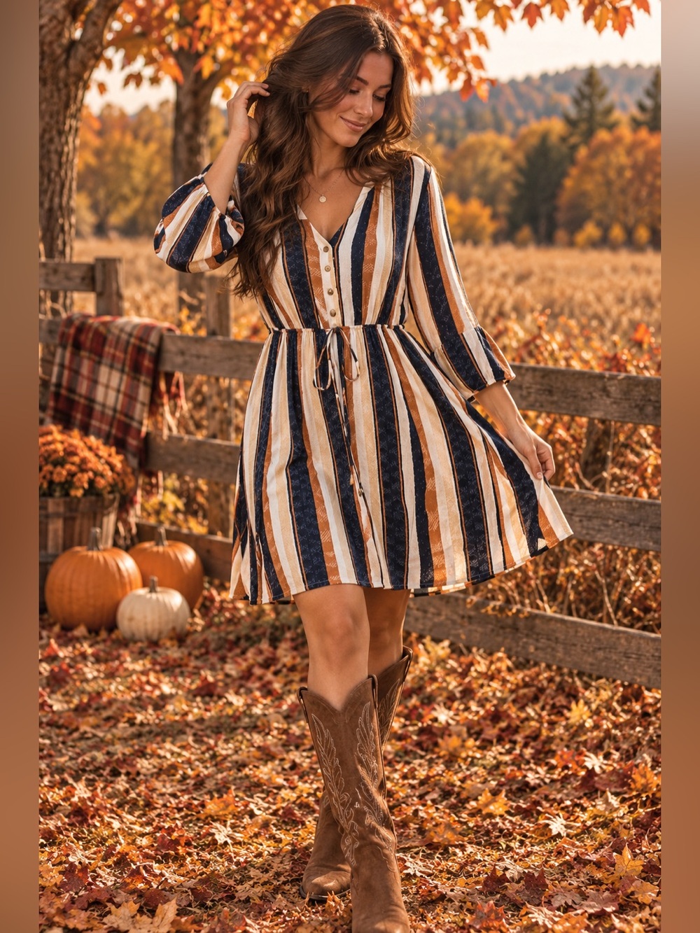J for Justify Striped V-Neck Mini Dress in Navy, Rust & Cream